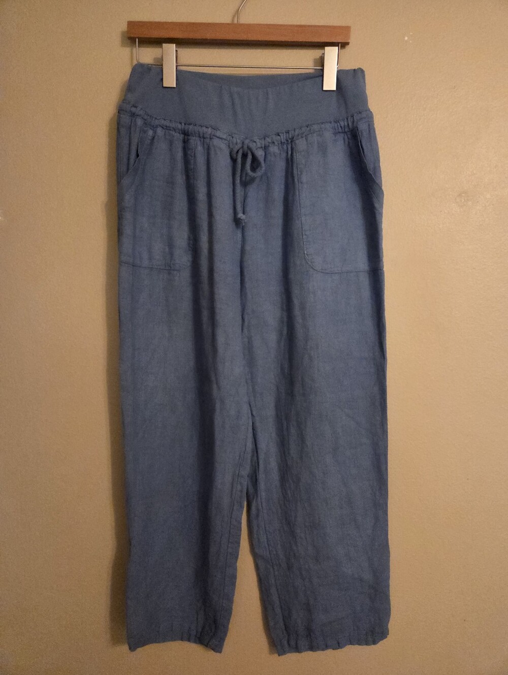 NOREEN PHILLIPS Blue Linen Cotton Slubbed Cotton Blend Pull-On Roll-Tab Pants L
